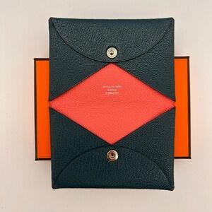 Hermes Chevre Mysore Calvi case Coin Verso rose azalee vert bosphore  With Box